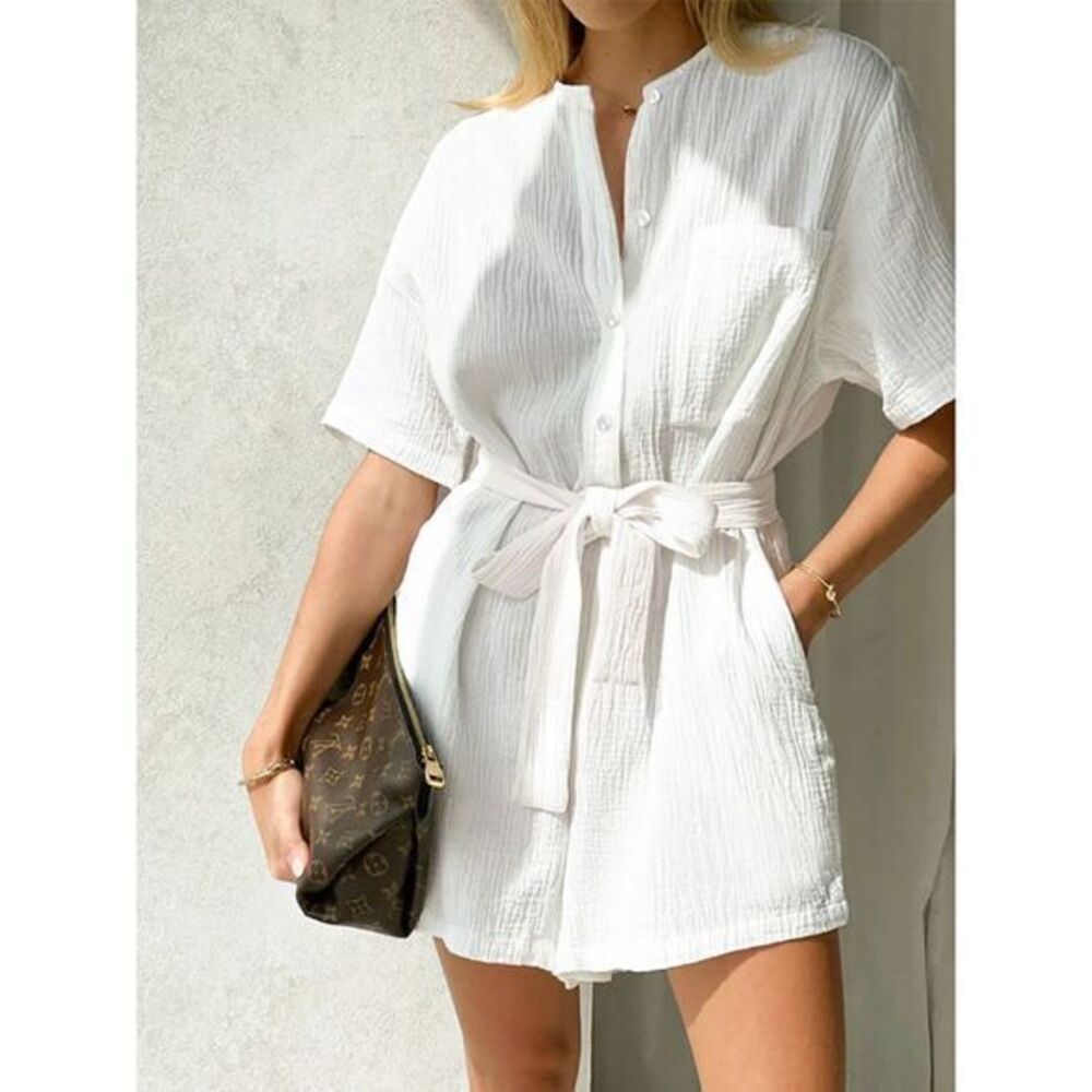 Commense White Textured Cotton Romper with Belt Summer Beach Casual Short Sleeve
